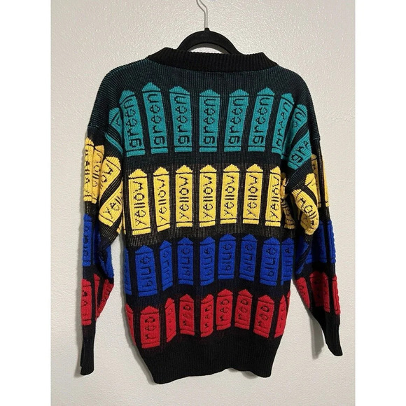 Vintage Knitted Sweater Crayons - Red Blue Yellow Green - Size M - Picture 3 of 5